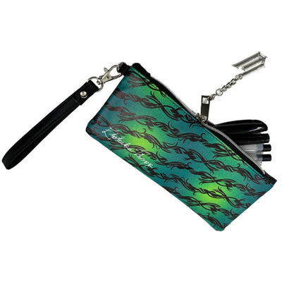 Green and black patterned pouch with a wrist strap and keychain on a white background