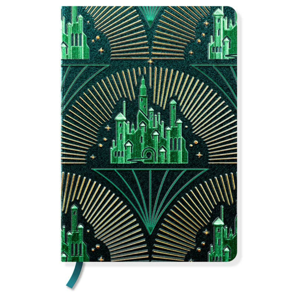 Decorative notebook with green castle design on a white background