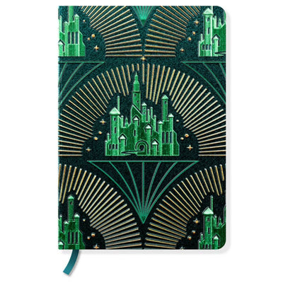 Decorative notebook with green castle design on a white background