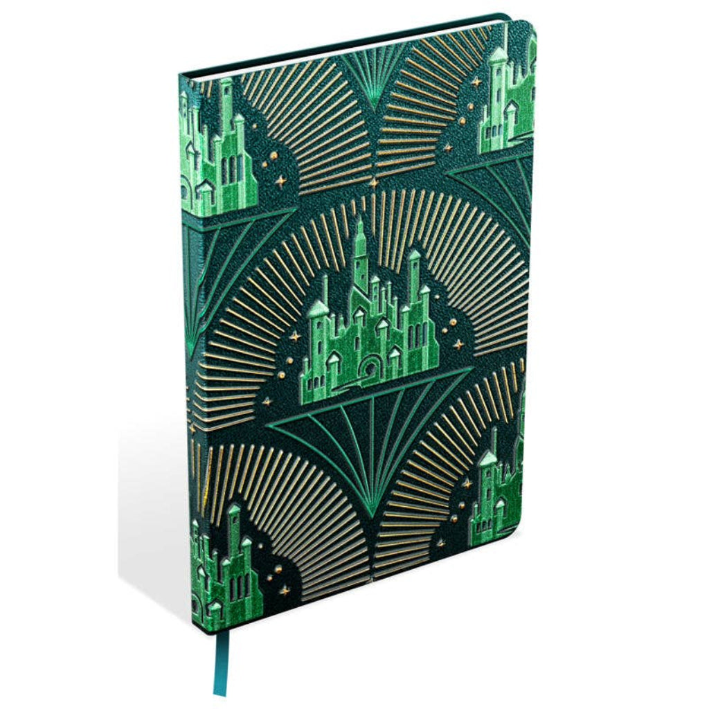 Notebook with green and gold geometric design on a white background