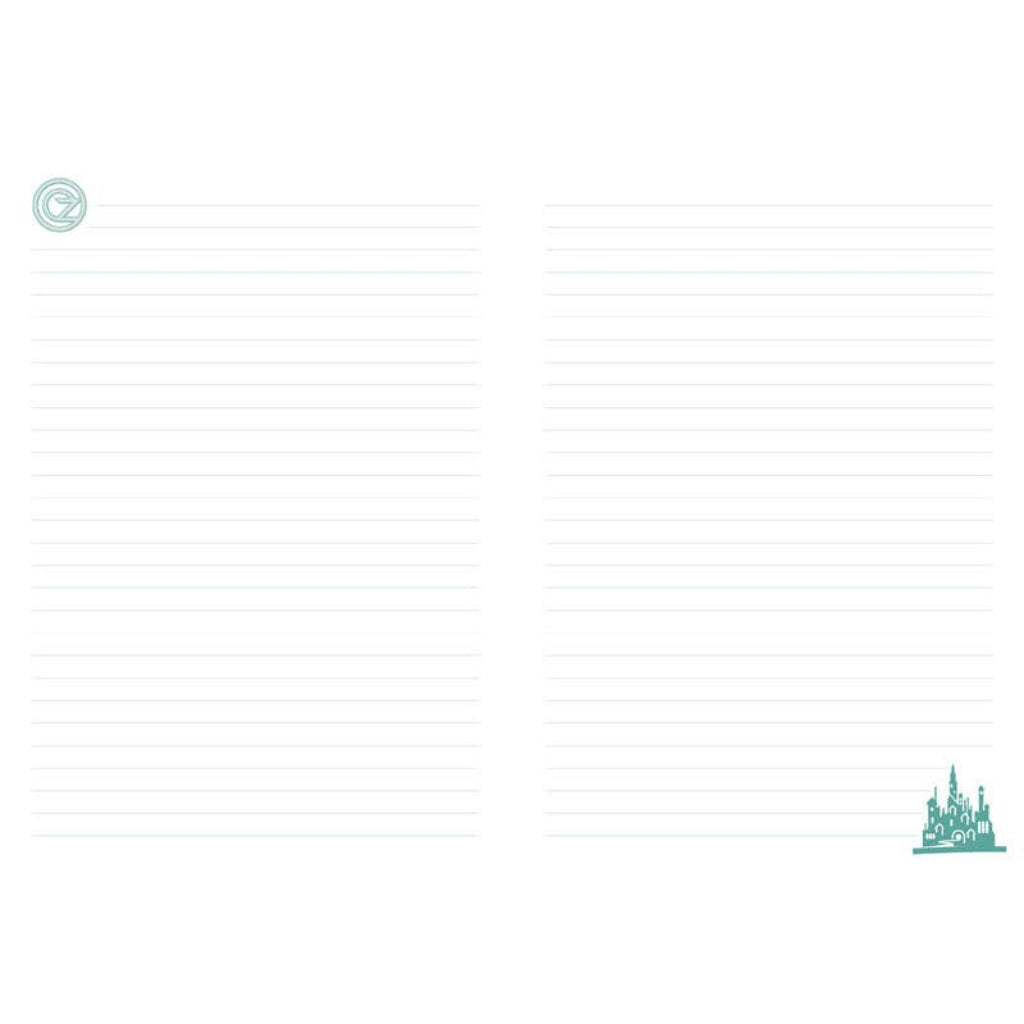Lined notebook pages on white paper with teal Wicked designs