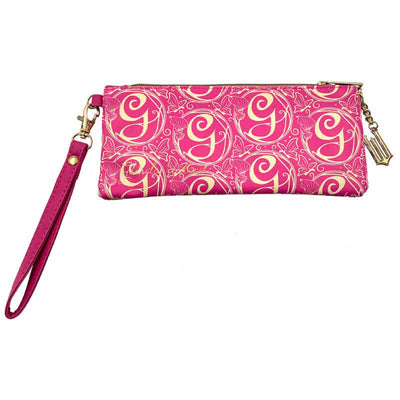 Pink wristlet with gold letter 'G' pattern on a white background