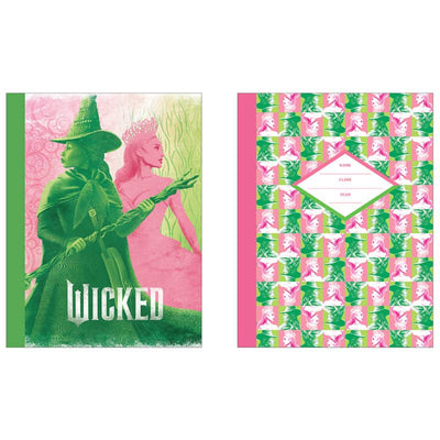 Two 'Wicked' themed composition books with a character in green and pink on a white background.