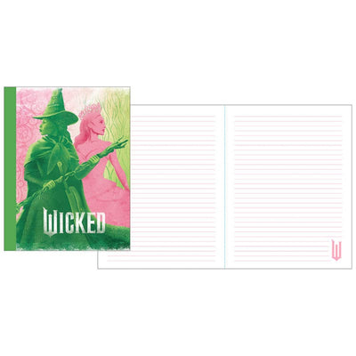 Notebook with 'Wicked' themed cover featuring two characters and a pink background.