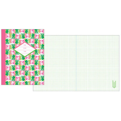 Notebook with pink and green butterfly design on the cover and grid paper inside.