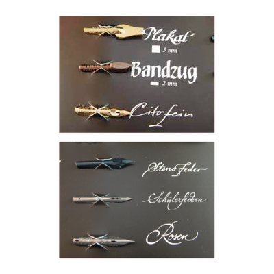 6 calligraphy nibs with names on a black background