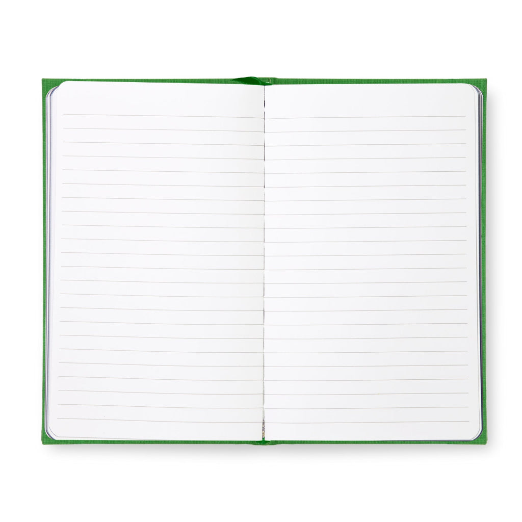Open notebook with green binding on a white background