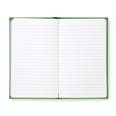 Open notebook with green binding on a white background