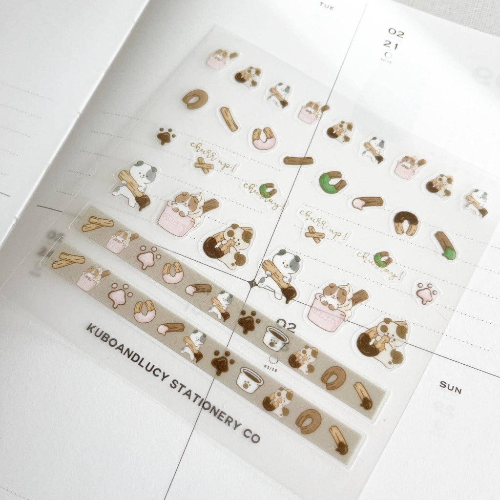 Kuboandlucy Cute Cats & Dog Clear Sticker Sheet - Churro Dog