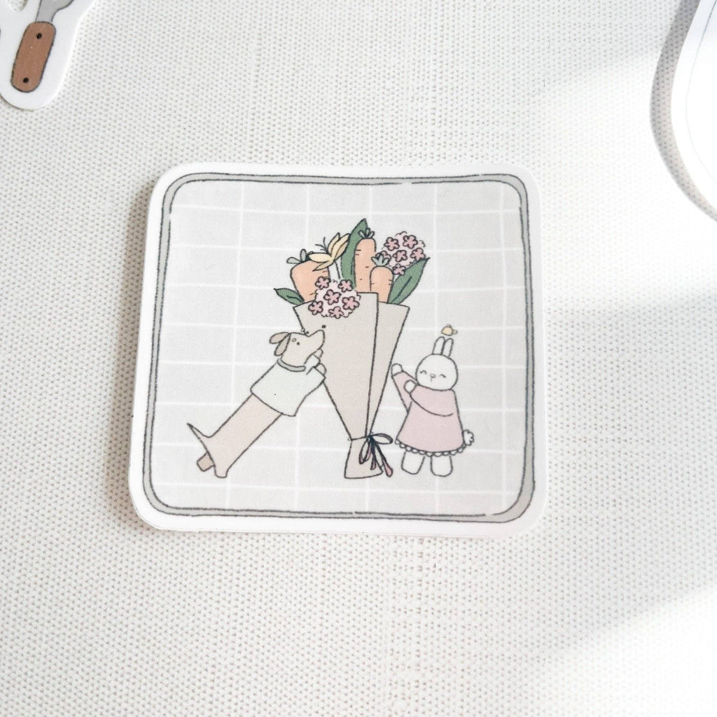 Square coaster with illustration of two people holding a bouquet on a light background