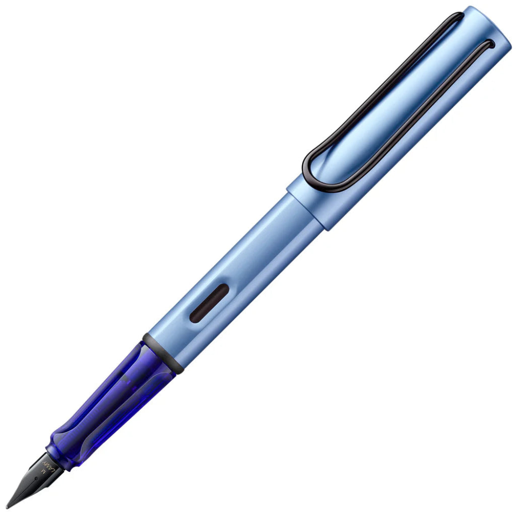 Blue Lamy Aquatic fountain pen with a metallic finish on a white background