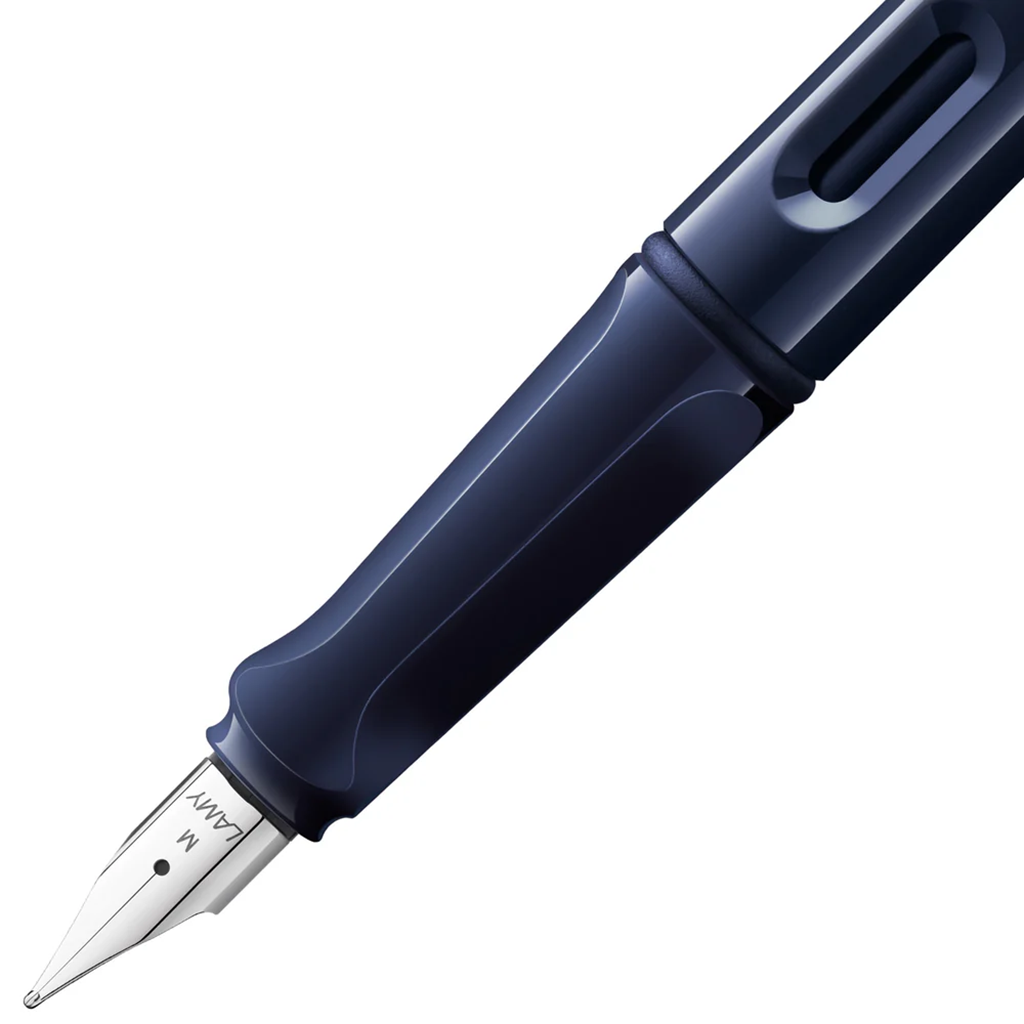 Close up of nib and body of Lamy Fountain Pen in Dark Dusk