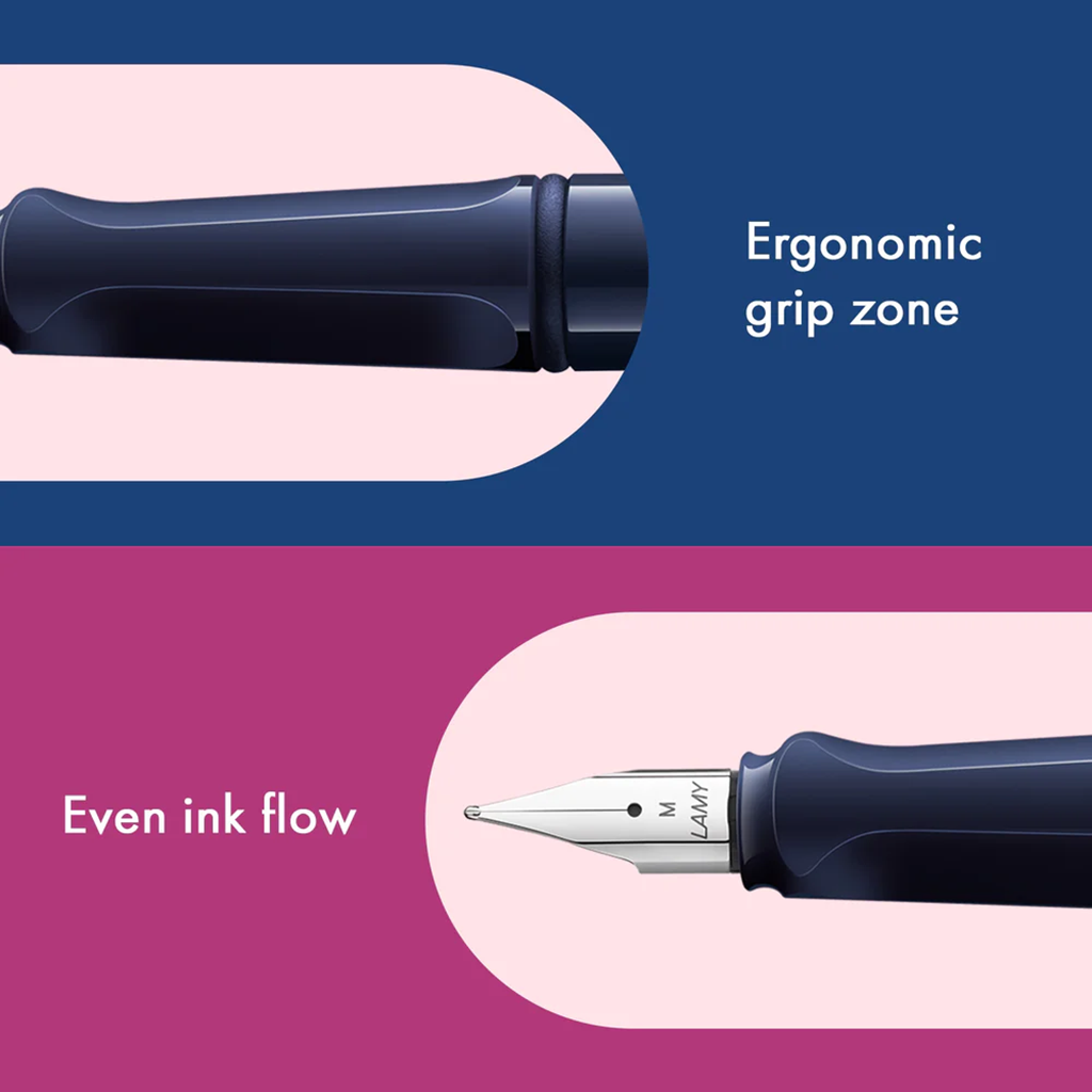 Fountain pen with ergonomic grip zone and even ink flow highlighted on a divided blue and pink background.