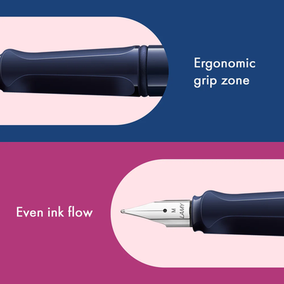 Fountain pen with ergonomic grip zone and even ink flow highlighted on a divided blue and pink background.