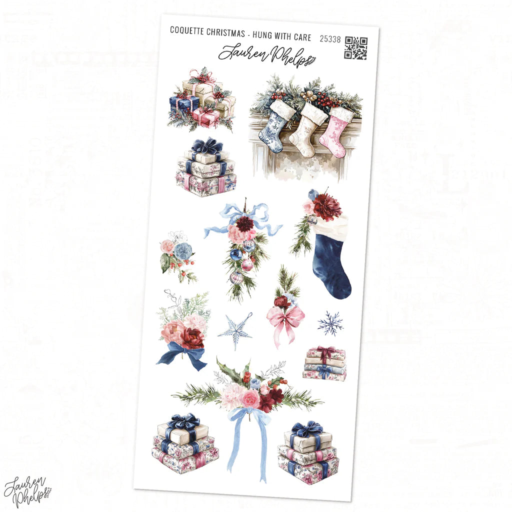 Sheet of Christmas-themed stickers with presents, stockings, and floral arrangements on a white background.