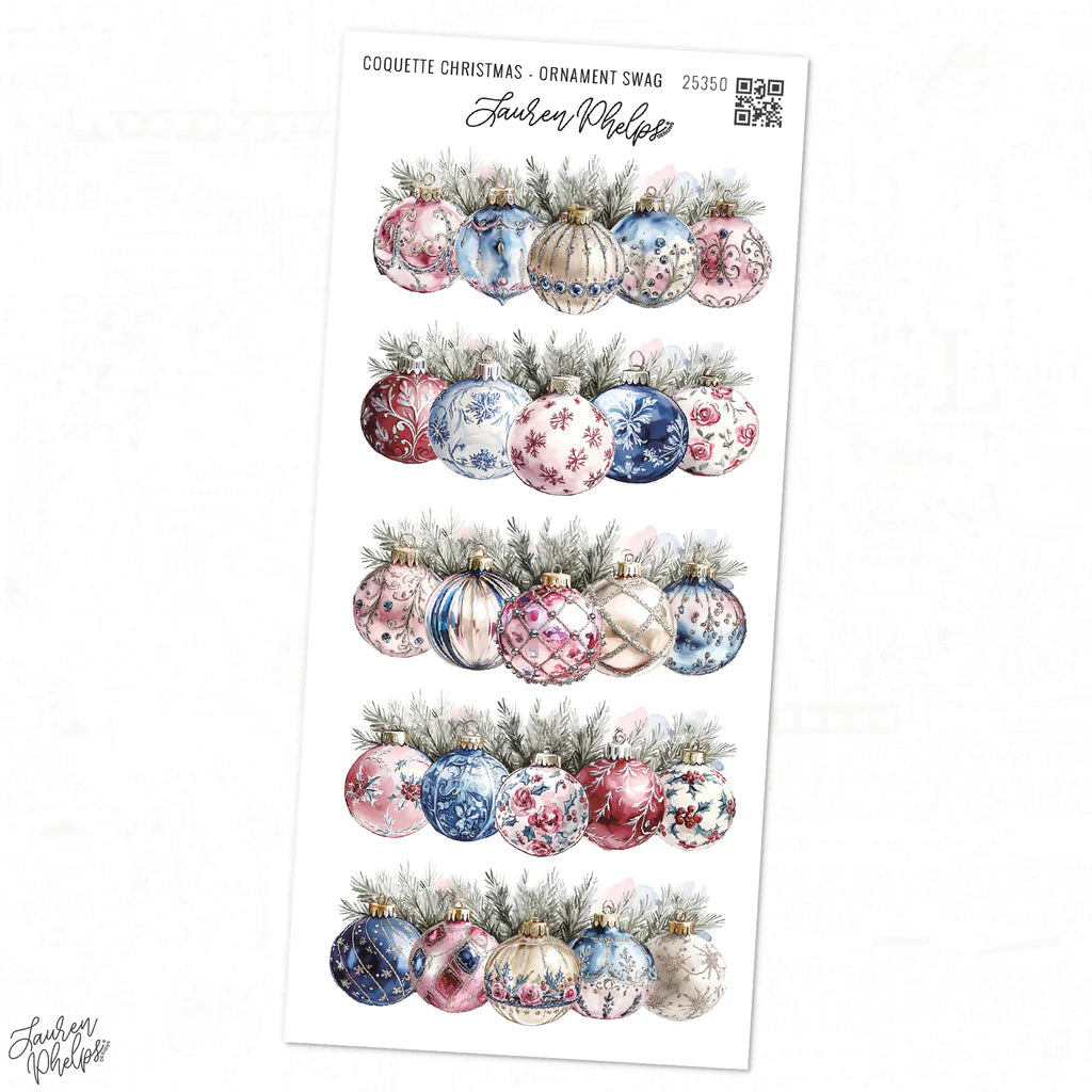 Decorative paper with Christmas ornament swag design by Studio Phlippe on a white background.