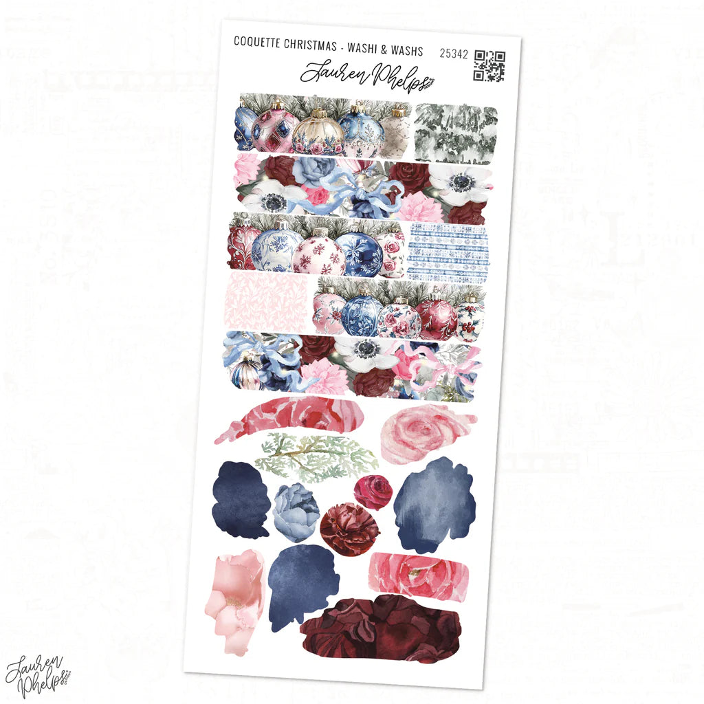 Sheet of floral stickers with Coquette Christmas design on a white background