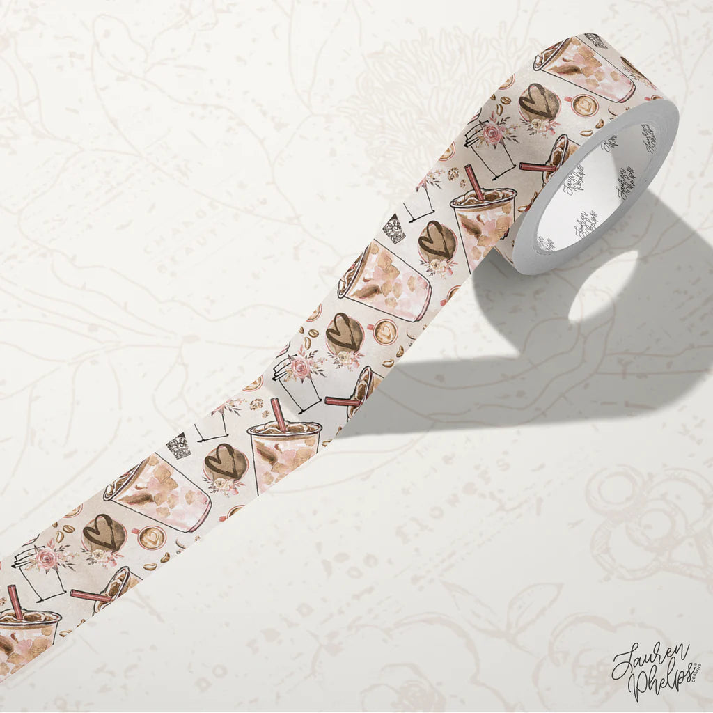 Decorative tape with floral and drink pattern on a textured white background