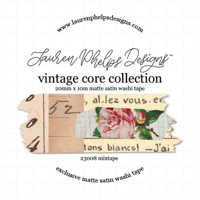Lauren Phelps Designs vintage core collection satin washi tape with floral design on a white background