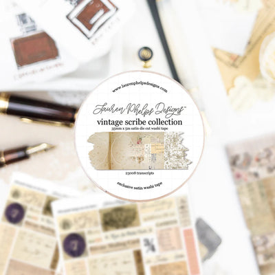 Product packaging for 'Vintage Scribe Collection' by Lauren Phelps Designs with stationery items in the background.