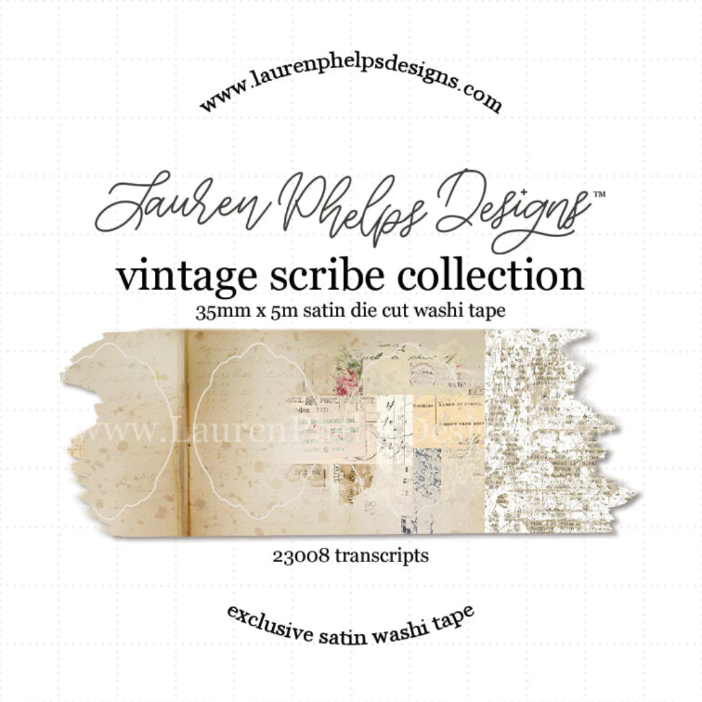 Lauren Phelps Designs vintage scribe collection satin die cut washi tape with text on a white background