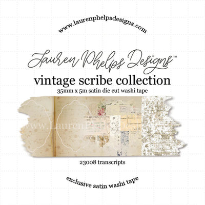 Lauren Phelps Designs vintage scribe collection satin die cut washi tape with text on a white background