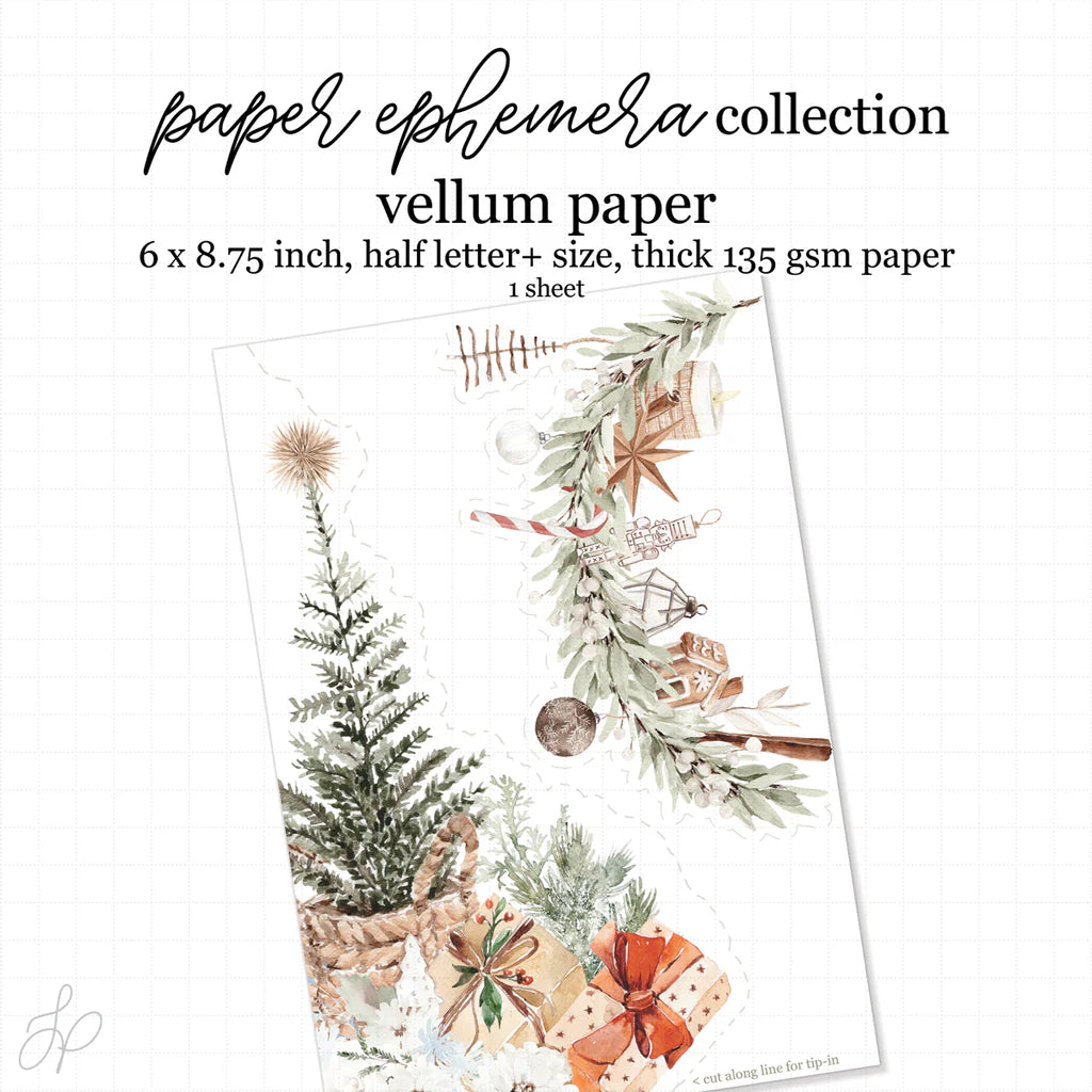 Vellum paper with Christmas-themed designs on a white background