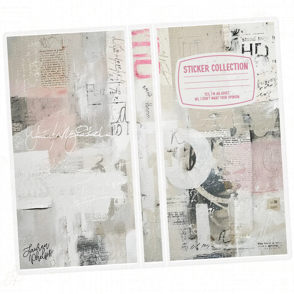 Collage of paper with text and images, featuring a 'Sticker Collection' label.