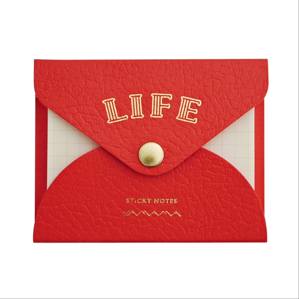 Red envelope-shaped sticky notes with 'LIFE' text on a white background