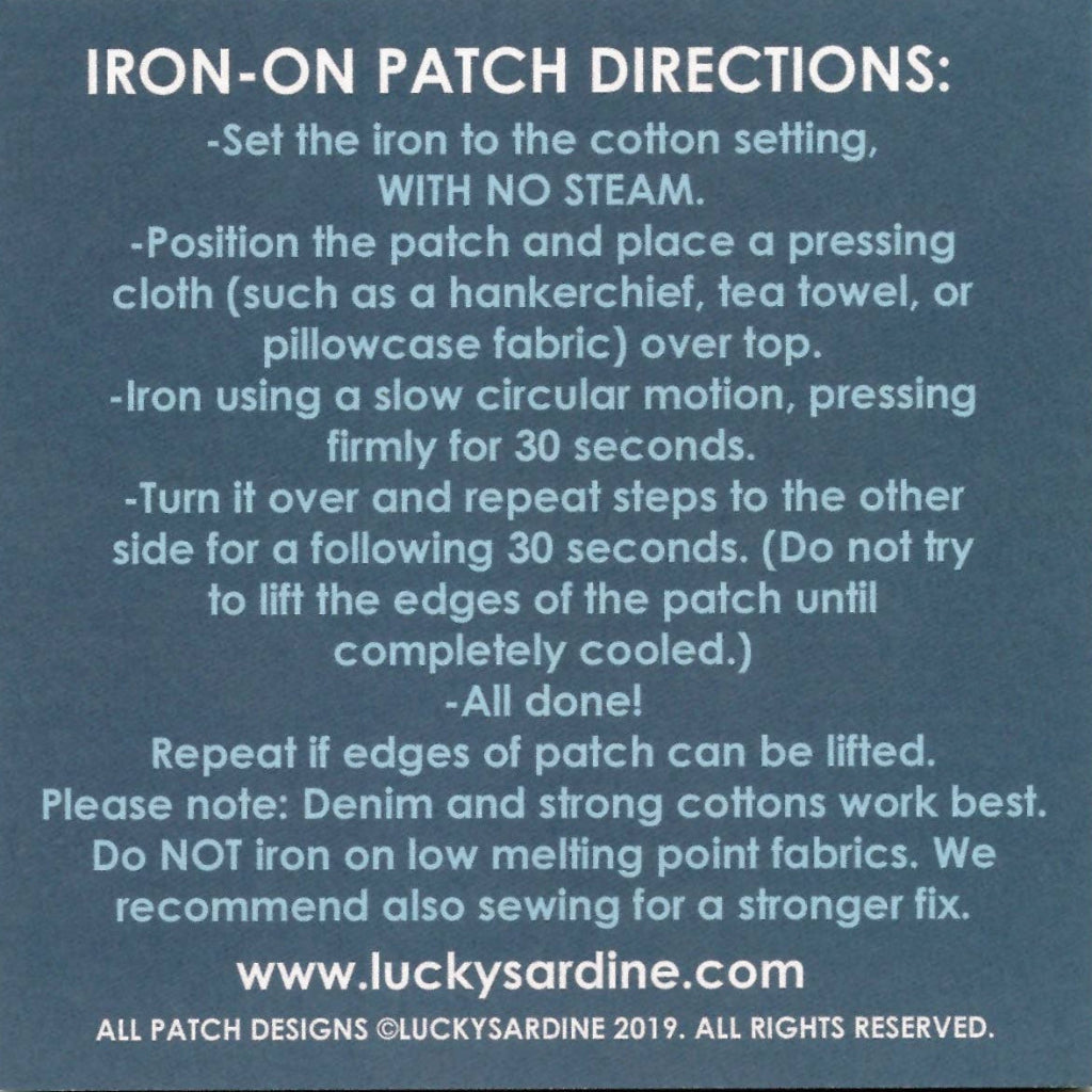 Instructions for ironing on a patch with Lucky Sardine branding.
