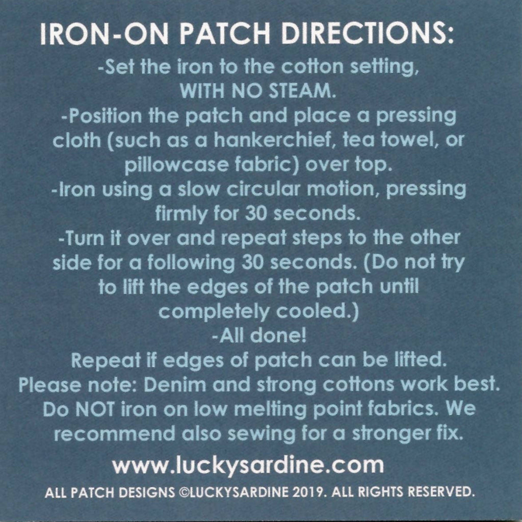 Instructions for ironing a patch on a blue background with Lucky Sardine branding.
