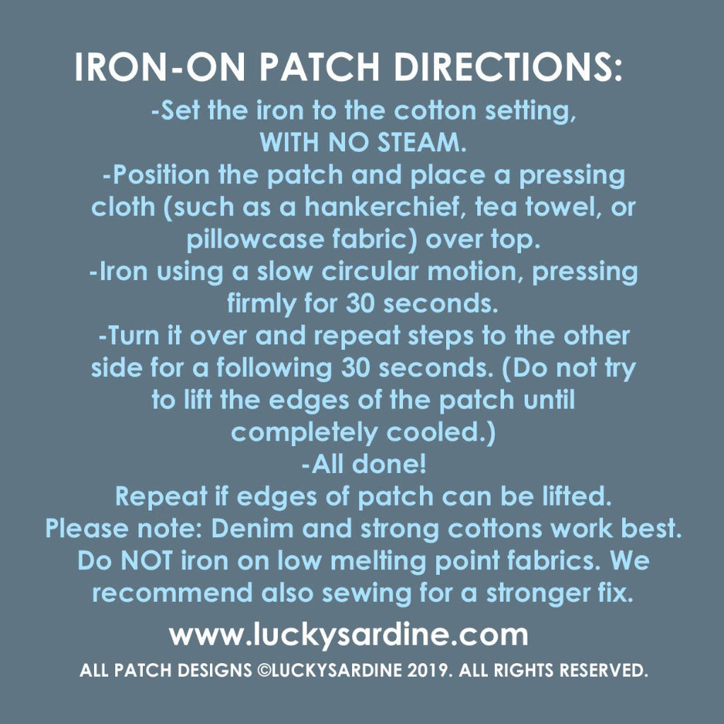 Iron-on patch directions on a blue background with text.