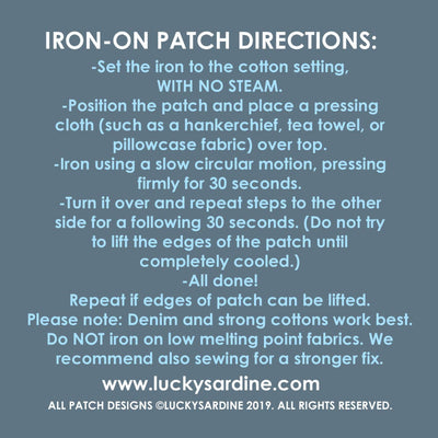 Iron-on patch directions on a blue background with text.