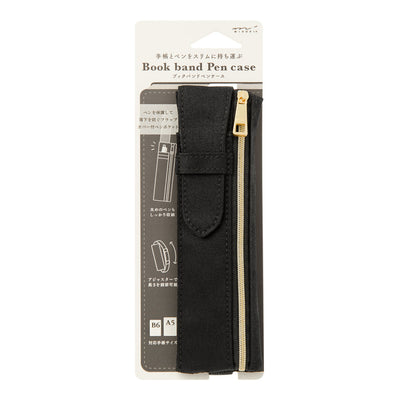 Black pen case with gold zipper on a white background