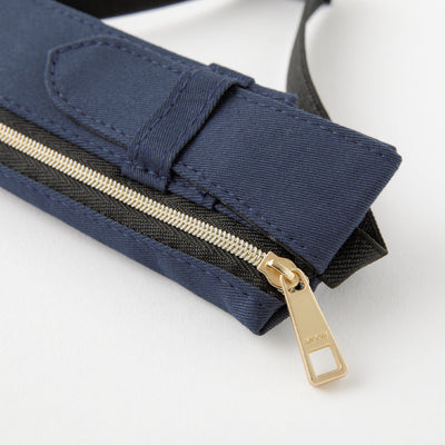 Close-up of a navy blue bag with a gold zipper on a white background