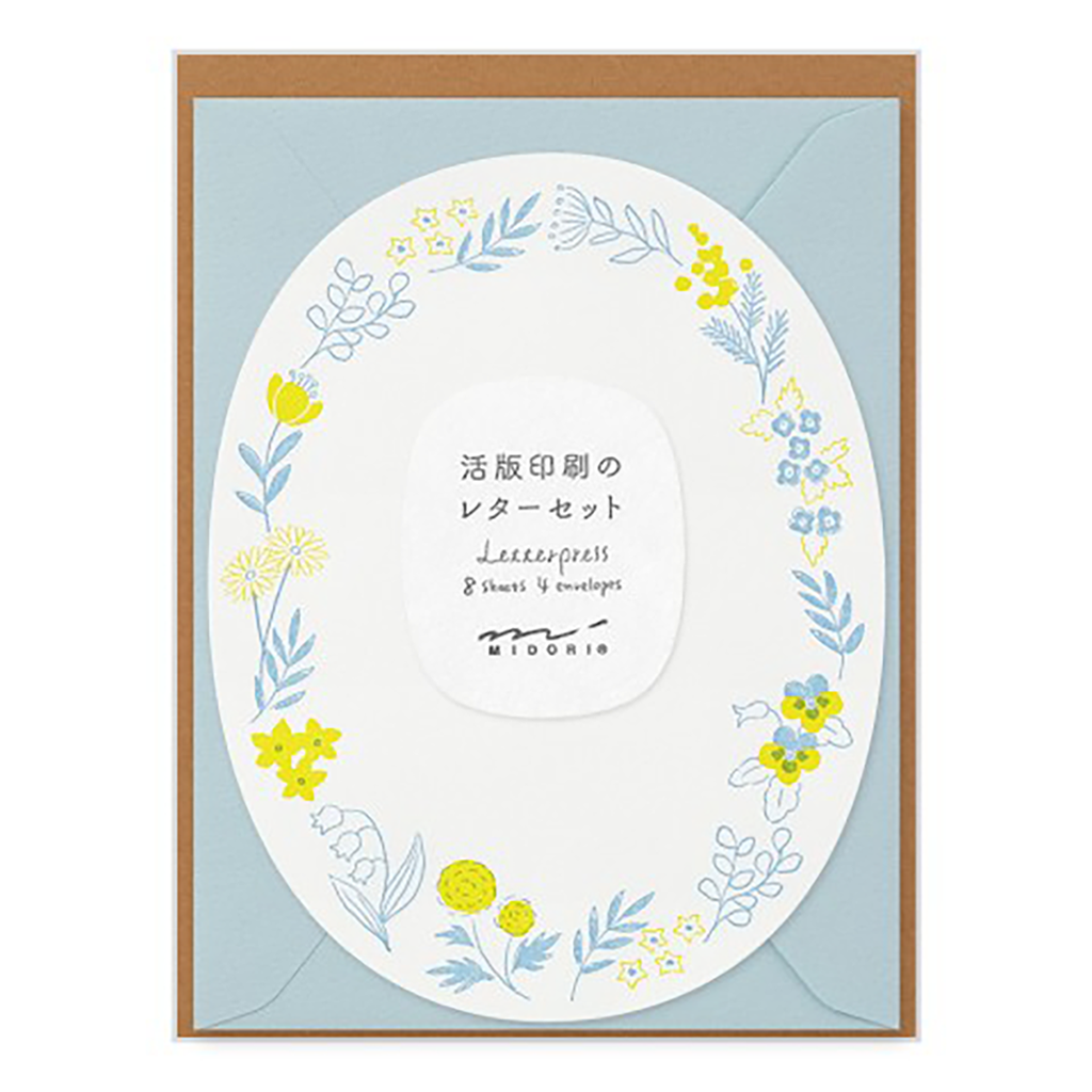 Midori Letterpress Stationery Set, Wreath Blue, Image 1