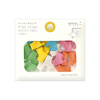 Packaging of colorful cat paper clips with Midori branding on a white background