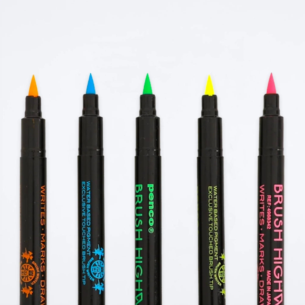 Set of six black markers with colorful tips on a white background