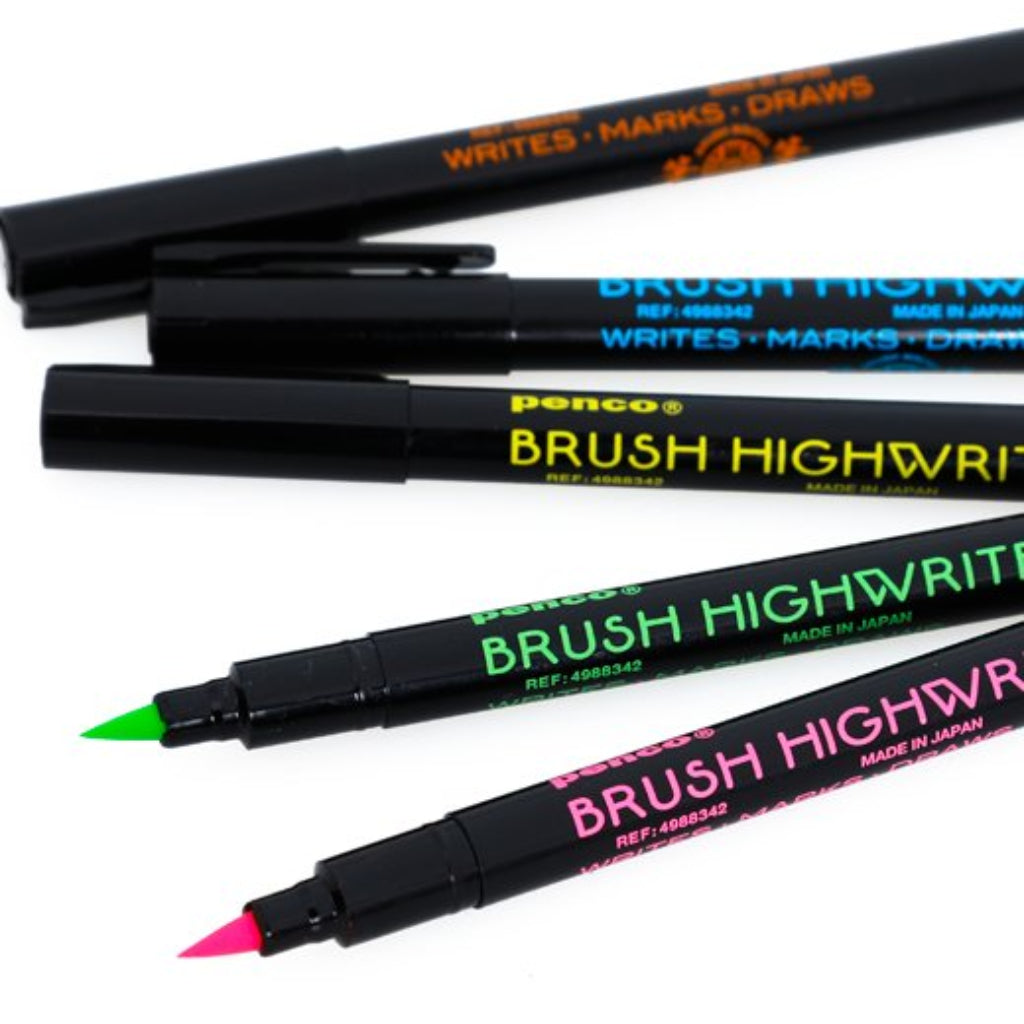 Set of Penco Brush Highwrite markers in various colors on a white background