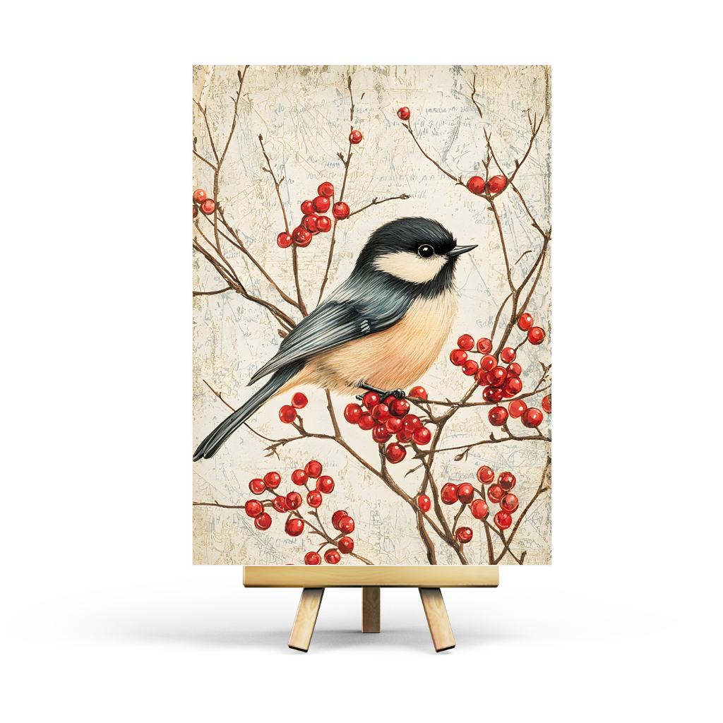 Painting of a bird on a branch with red berries on a textured background