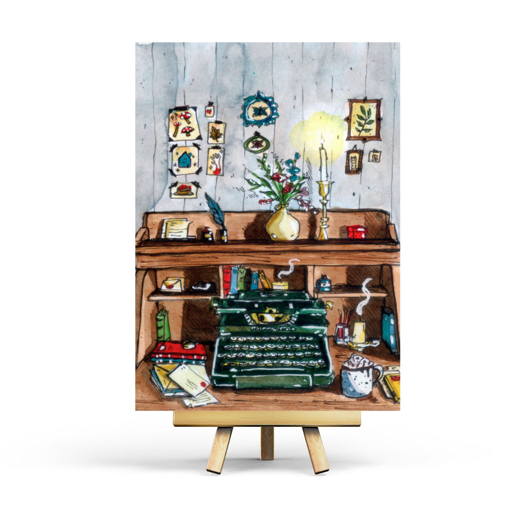 Illustration of a vintage typewriter on a wooden desk with decorative items.