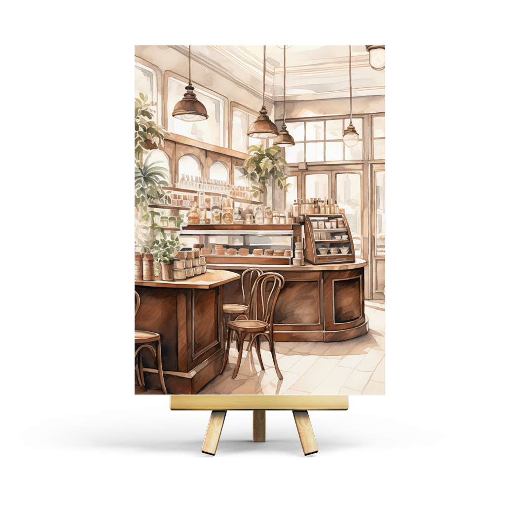 Illustration of a cozy café interior with wooden furniture and plants.