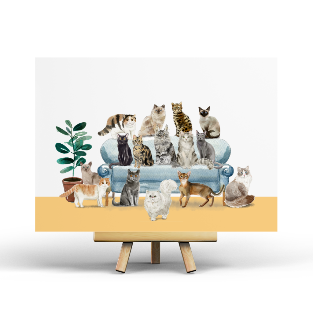 Illustration of cats on a couch with a plant and table in the foreground