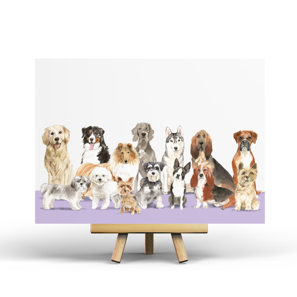 Group of dogs on a stand with a white background