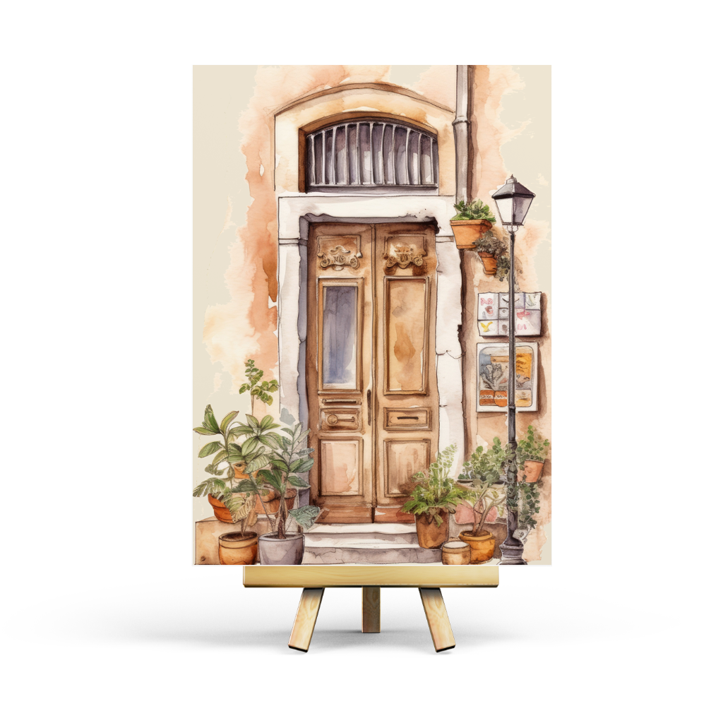 Painting of a rustic door with potted plants on an easel