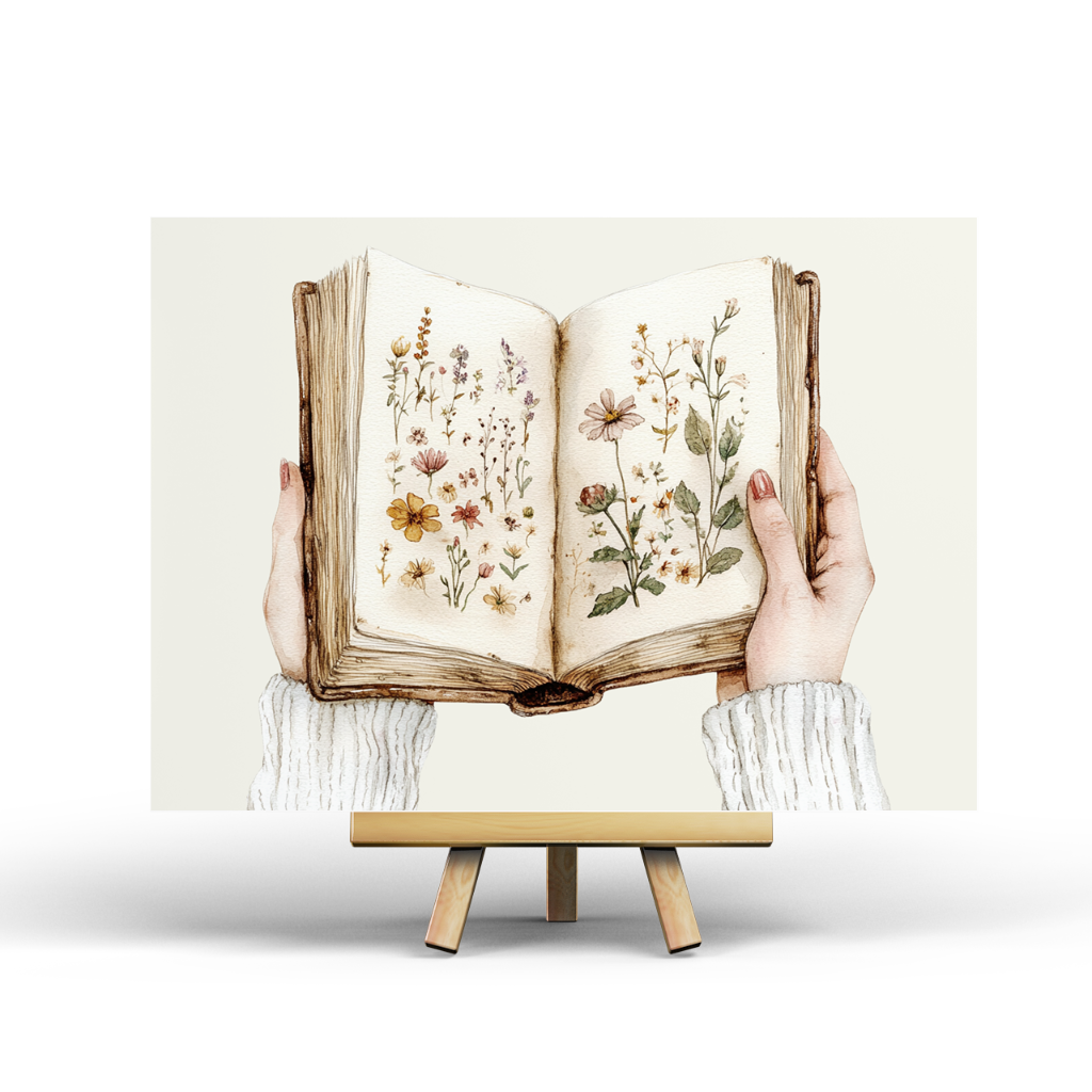Open book with floral illustrations held by hands on a white background