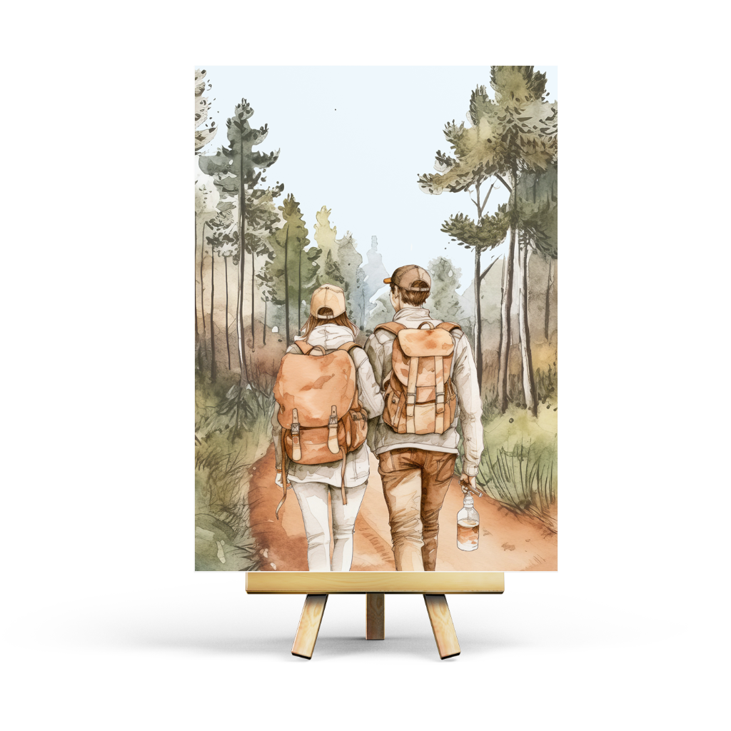 Illustration of two hikers with backpacks in a forest on an easel.