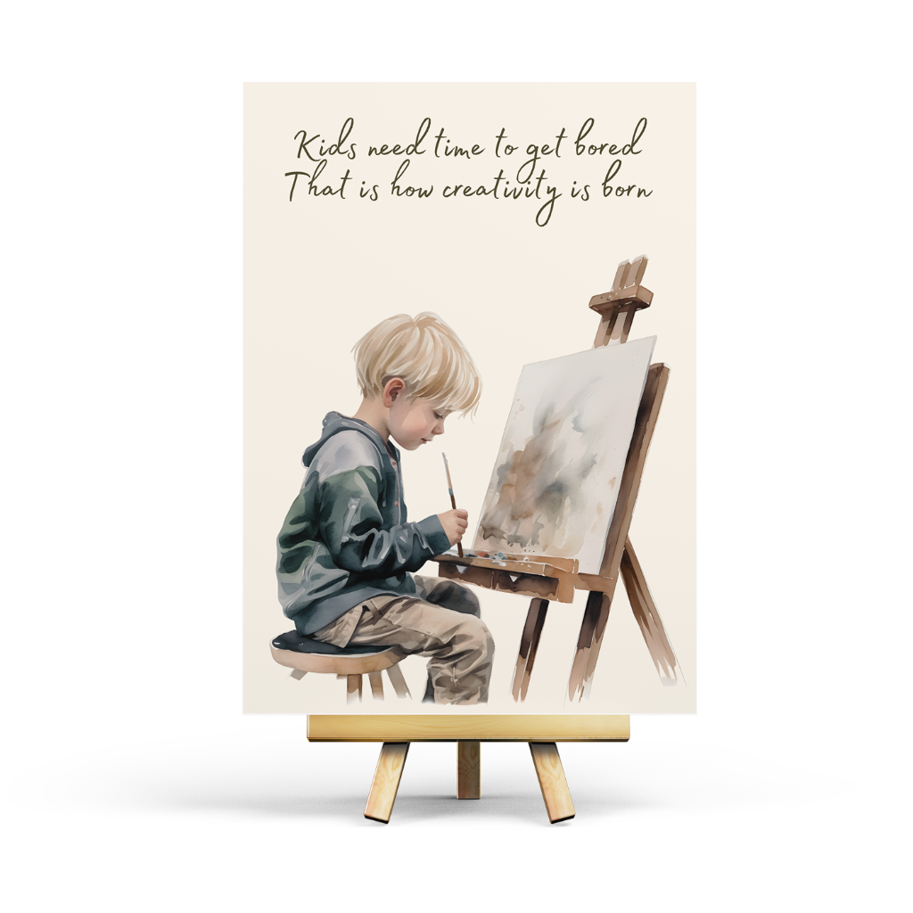 Postcard of a child painting with an easel and text about creativity on a beige background