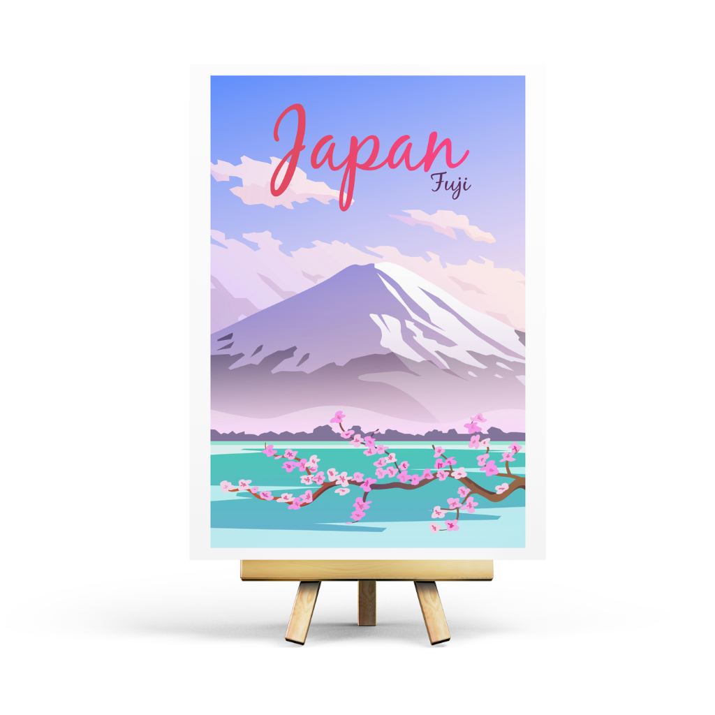 Poster of Mount Fuji with cherry blossoms on a white background