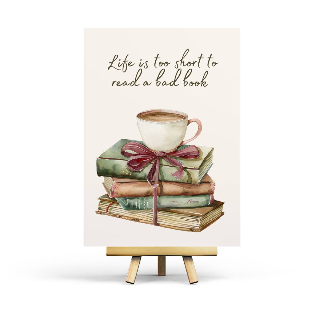 Decorative sign with books, a cup, and a quote on a white background